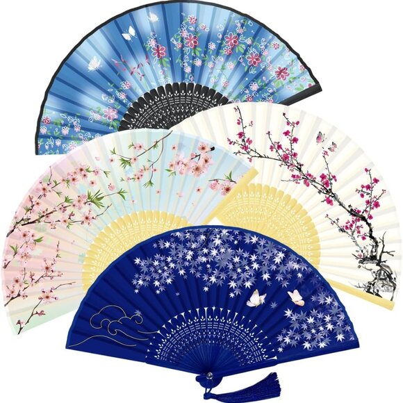 Handheld Fan, 4 PCS Hand Fan, Chinese Folding Fan for Women Foldable, Silk Bambo - Picture 1 of 7